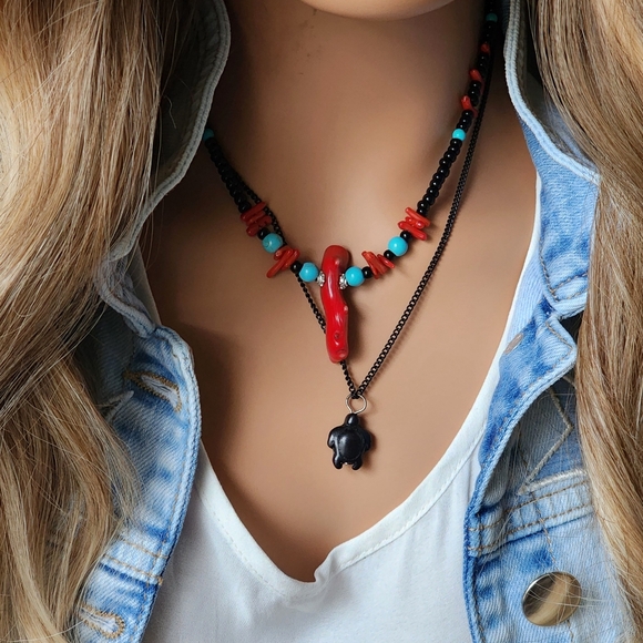 Free People Jewelry - FP Designe Atma Prema Silver Natural Turquoise Stone Red Coral Branch